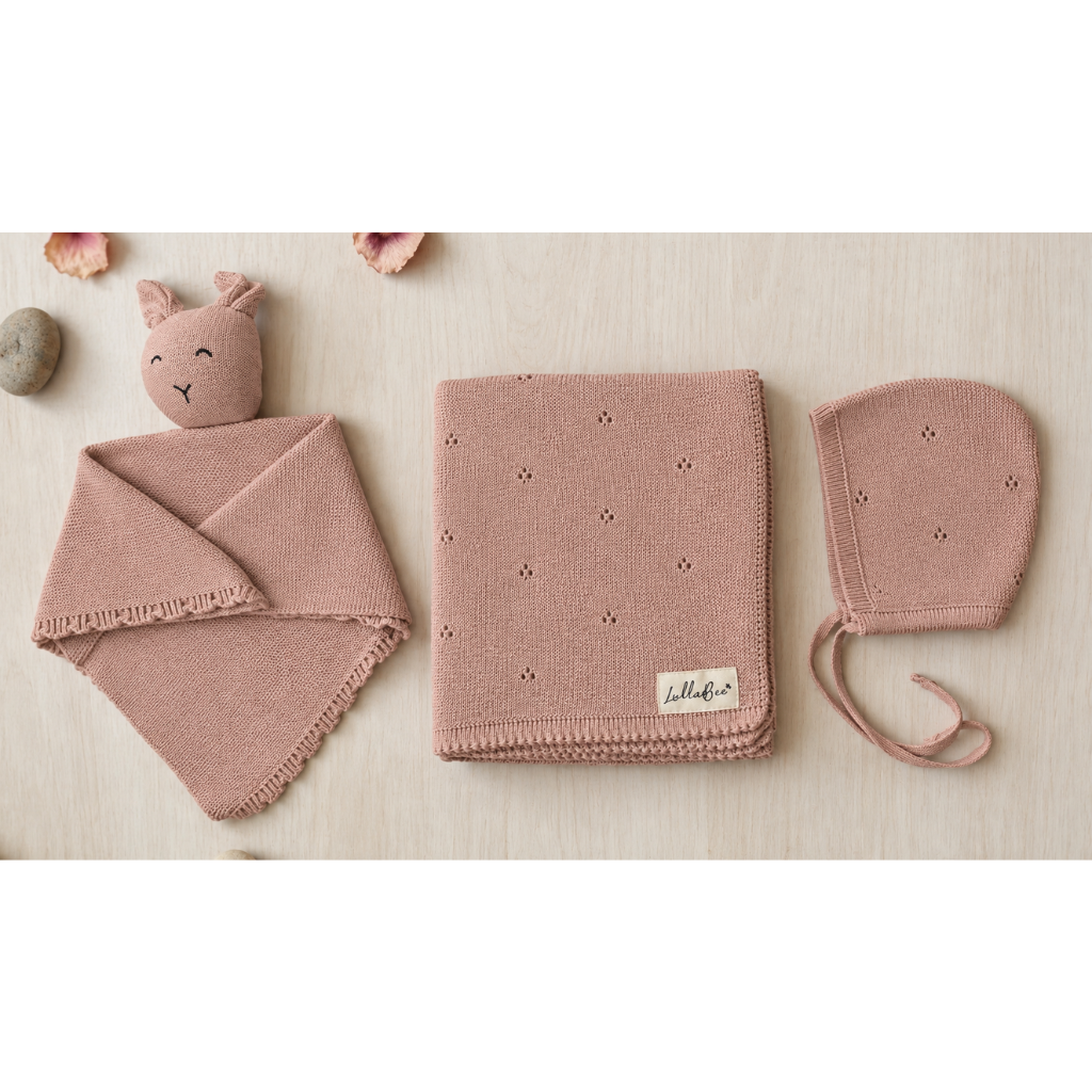 Lullabee Pink Pointelle Cotton Luxury Knit Baby Swaddle Blanket & set
