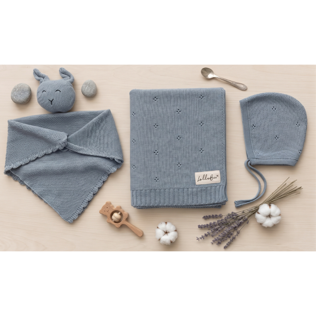 Lullabee Dusty Blue Pointelle Cotton Luxury Knit Baby Swaddle Blanket & set