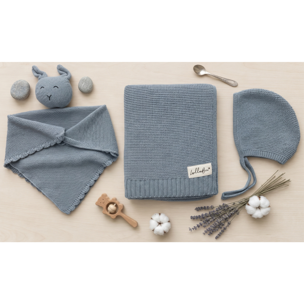 Lullabee Dusty Blue Cotton Luxury Knit Baby Swaddle Blanket & set