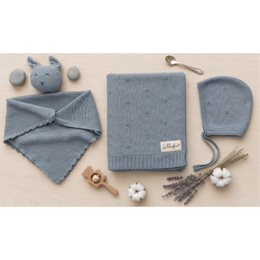 Lullabee Dusty Blue Pointelle Cotton Luxury Knit Baby Swaddle Blanket & set