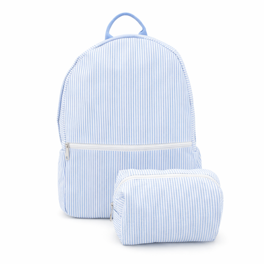Lullabee Large Baby Blue Seersucker Backpack - Free Pouch